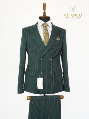 Costum barbati slim fit verde-dungi cu doua randuri de nasturi bronz
