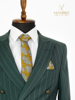 Costum barbati slim fit verde-dungi cu doua randuri de nasturi bronz