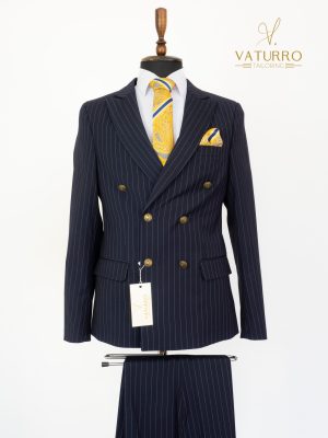 Costum barbati slim fit bleumarin-dungi cu doua randuri de nasturi bronz