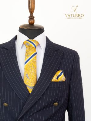 Costum barbati slim fit bleumarin-dungi cu doua randuri de nasturi bronz