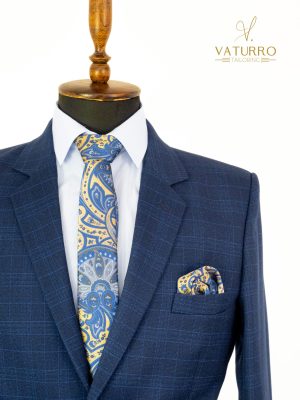 Costum barbati slim fit Sacou bleumarin carouri, pantaloni bleumarin