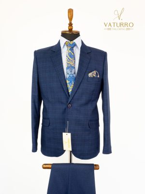 Costum barbati slim fit Sacou bleumarin carouri, pantaloni bleumarin